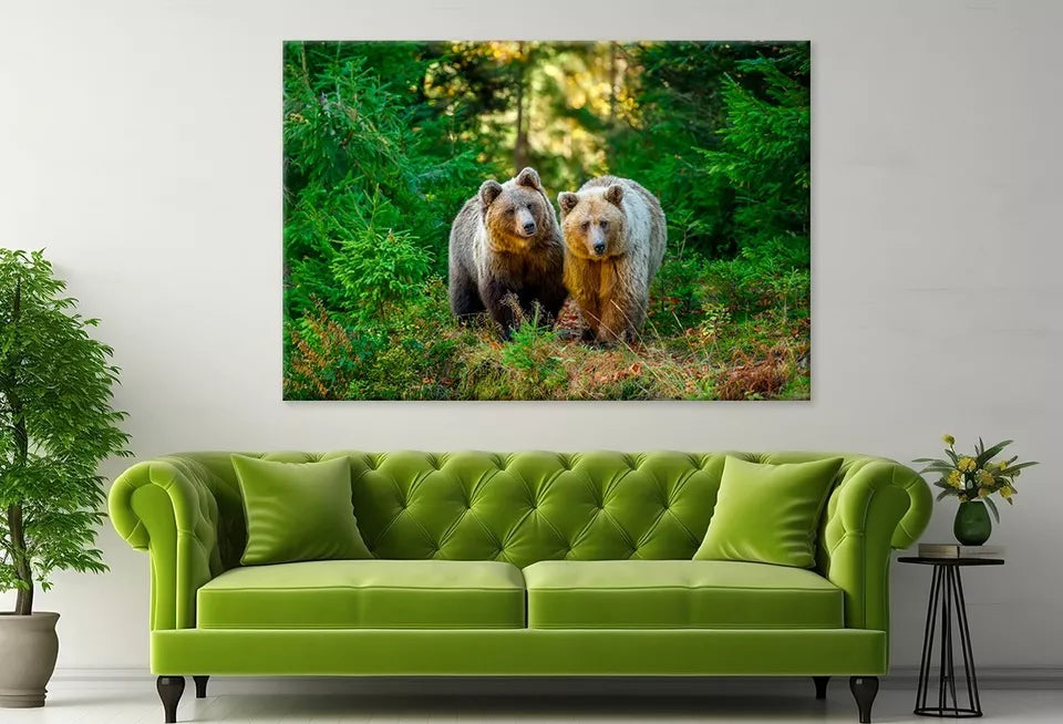 Two Big Brown Bear In Forest Wall Art Decor 100% Australian Made