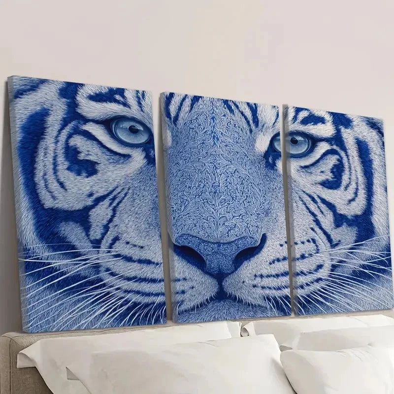 3pcs blue white tiger Wall Art Set Canvas Framed 50x70cm - High Quality Print 100% Australian Made Wall Canvas Ready to Hang