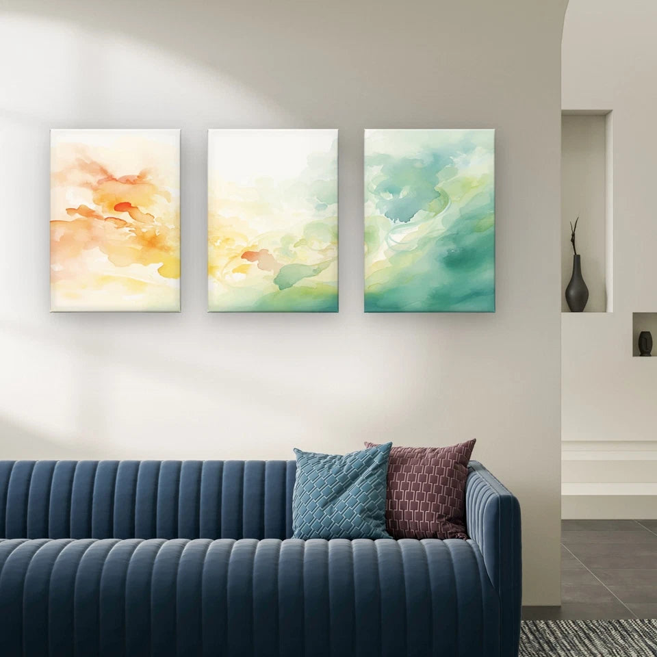 3pcs Minimalist Orange & Blue Watercolour Wall Art Set Canvas Framed 50x70cm - High Quality Print 100% Australian Made Wall Canvas Ready to Hang