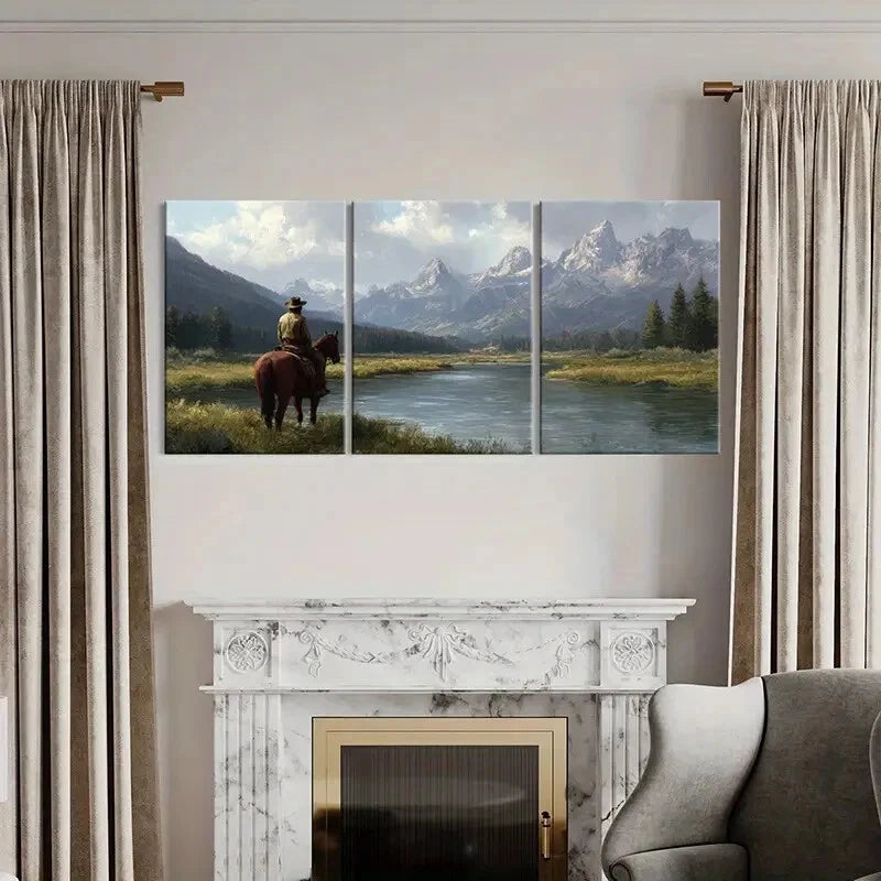 3pcs Cowboy on Horseback Mountain & River Metal Print Ready to Hang Art