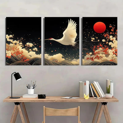 3pcs Japanese Crane Elegant Sakura Perfect Wall Art Set Canvas Framed 40x60cm - High Quality Print 100% Australian Made Wall Canvas Ready to Hang