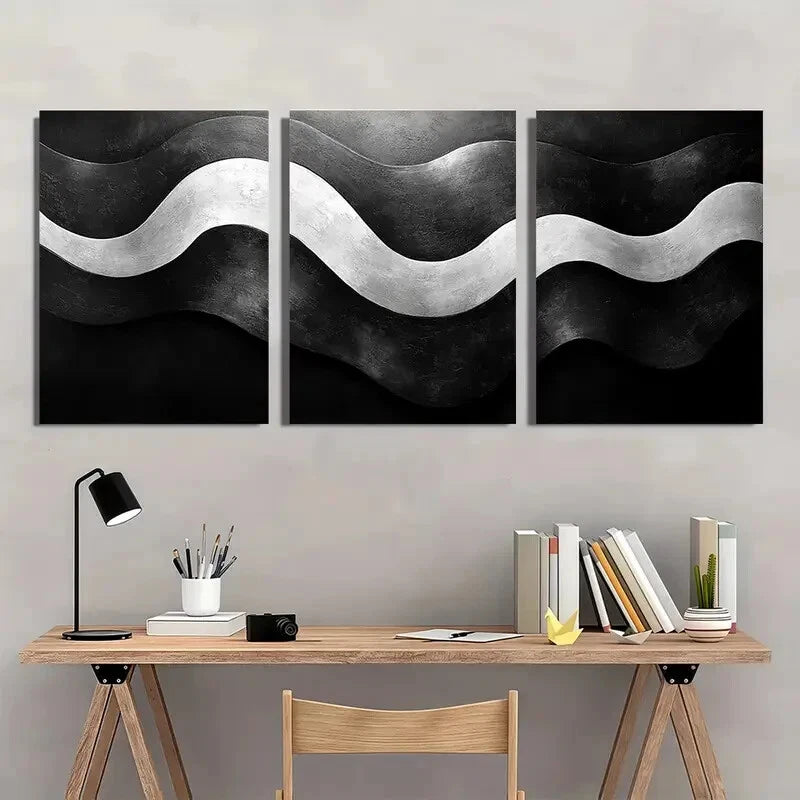 3pcs Black And White Abstract Irregular Stripes Metal Print Ready to Hang Art