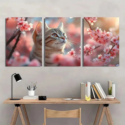 3pcs Cherry Blossom Cat Spring Themed Metal Print Ready to Hang Art