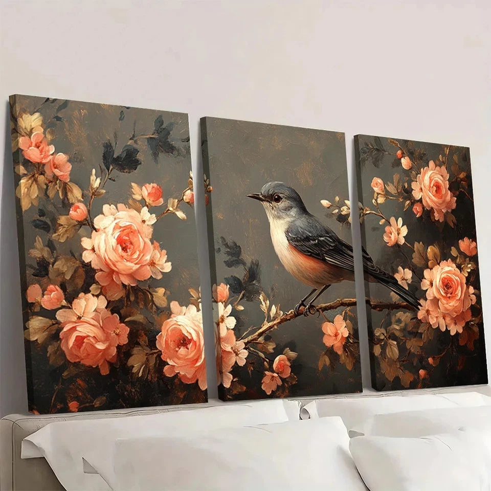 3pcs Exquisite Charming Bird Flowers Wall Art Set Canvas Framed 40x60cm - High Quality Print 100% Australian Made Wall Canvas Ready to Hang