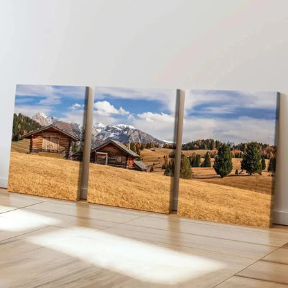 3pcs Plateau Mountains and Huts Modern  Wall Art Set Canvas Framed 40x60cm - High Quality Print 100% Australian Made Wall Canvas Ready to Hang