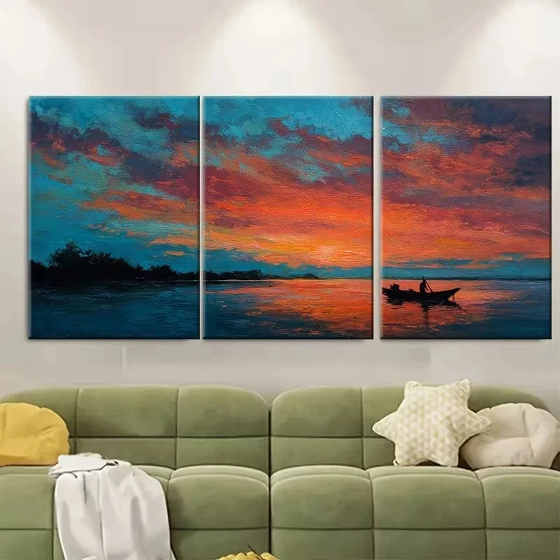 3pcs Vibrant Sky & Water Scene with Two Boats Wall Art Set Canvas Framed 40x60cm – High Quality Print 100% Australian Made Wall Canvas Ready to Hang