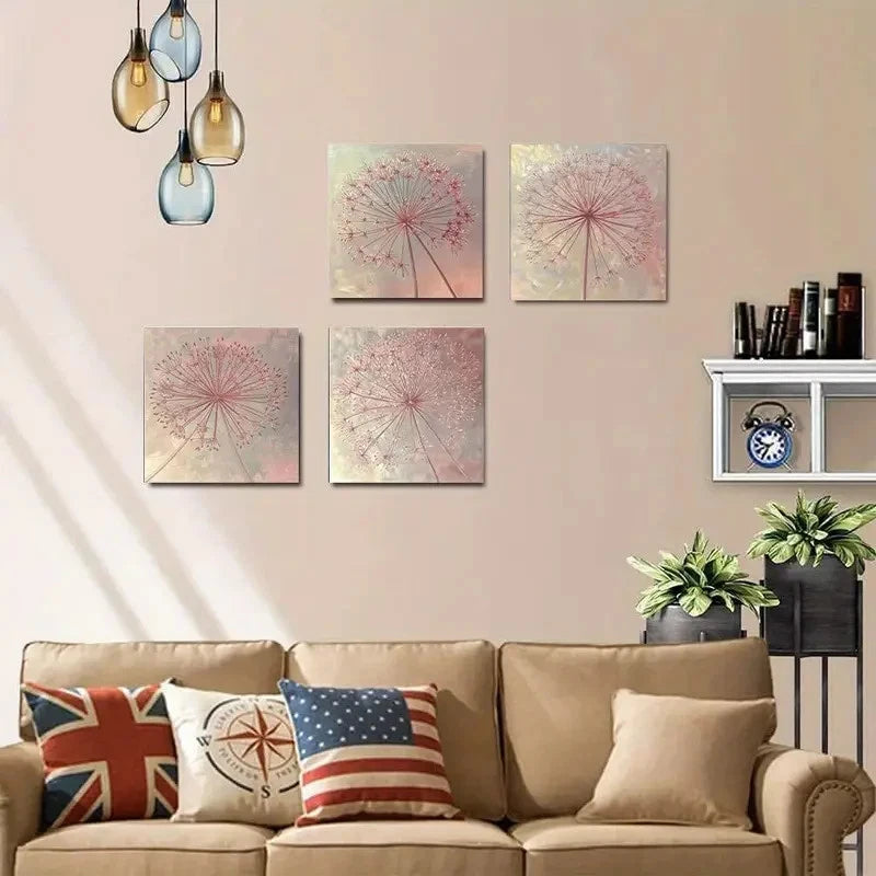 4pcs Pink Dandelion Flower Wall Art Canvas Framed