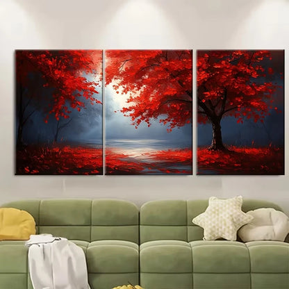 3pcs Blue Morning Mist With Red Leaves Metal Print Ready to Hang Art