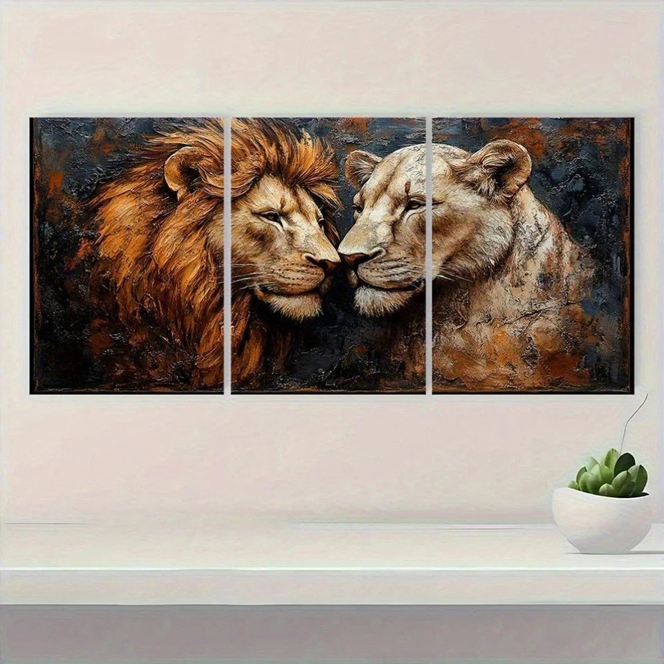3pcs Lion Couple Majestic Black & Brown Lion Metal Print Ready to Hang Art