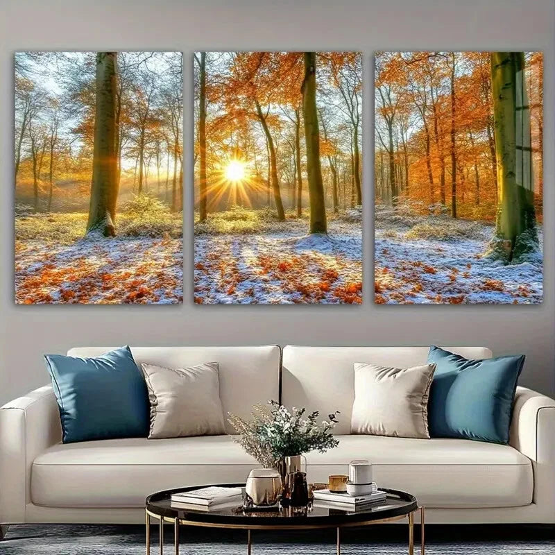 3pcs Stunning Autumn Sunset Forest Metal Print Ready to Hang Art