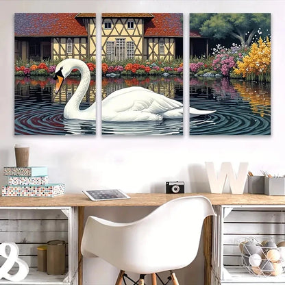 3pcs White Swan & Floral Cottage Scene Wall Art Set Canvas Framed 60x90cm - High Quality Print 100% Australian Made Wall Canvas Ready to Hang