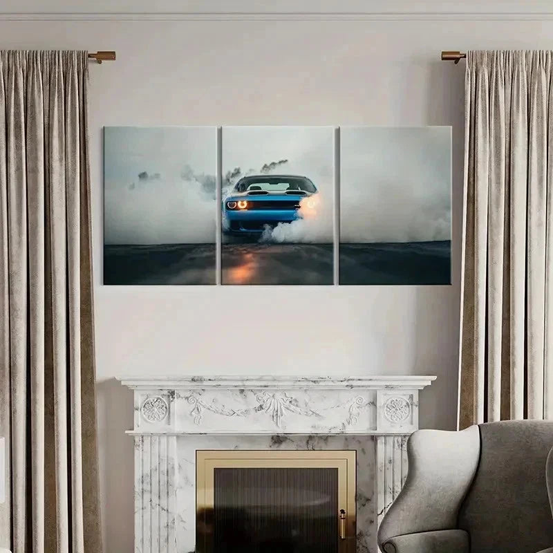 3pcs Dodge Blue Super Car Through Smoke Wall Art Set Canvas Framed 40x60cm - High Quality Print 100% Australian Made Wall Canvas Ready to Hang