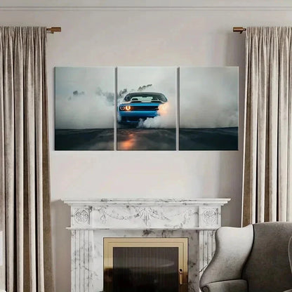 3pcs Dodge Blue Super Car Through Smoke Wall Art Set Canvas Framed 40x60cm - High Quality Print 100% Australian Made Wall Canvas Ready to Hang