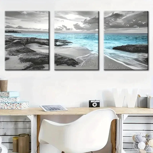 3pcs Ocean Beach Sea Reef Seagull Perfect Wall Art Set Canvas Framed 40x60cm - High Quality Print 100% Australian Made Wall Canvas Ready to Hang