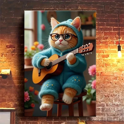 Guitar-Playing Cat Metal Print Ready to Hang