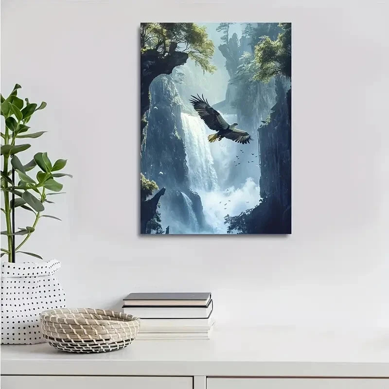 Dreamlike Eagle & Waterfall Scene Painting 40x60cm Metal Print Ready to Hang