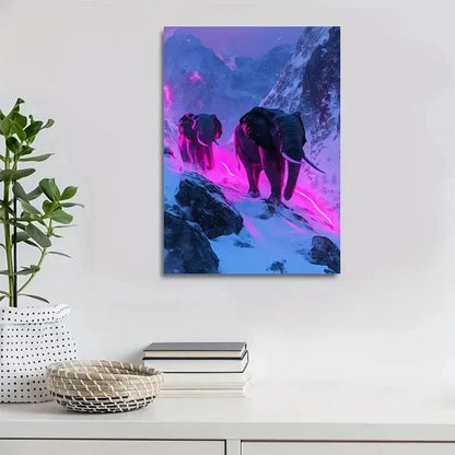 Vibrant Cyberpunk Elephant Scene with Neon Painting 40x60cm Metal Print Ready to Hang