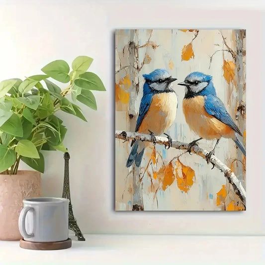 Beautiful Bluejays On A Tree Branch Painting 40x60cm Metal Print Ready to Hang