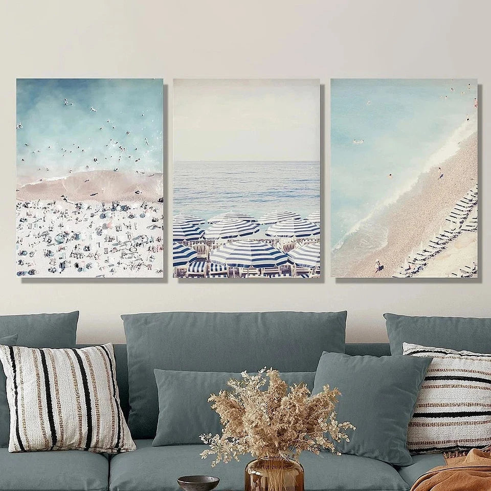 3pcs Blue and White Umbrella Sunshade Metal Print Ready to Hang Art