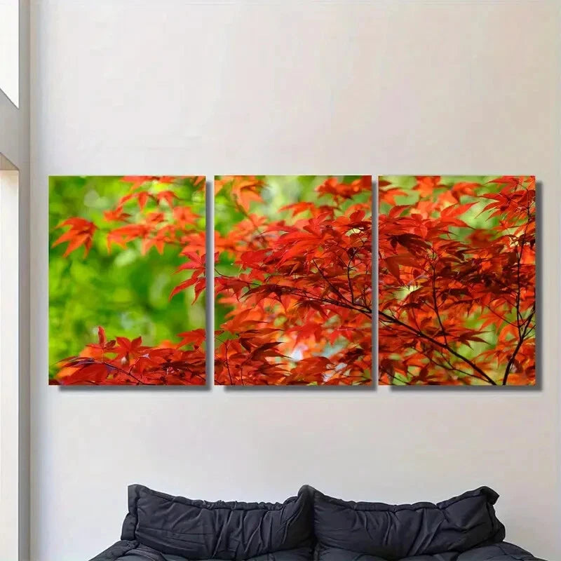 3pcs Vibrant Red Leaves Triptych Metal Print Ready to Hang Art