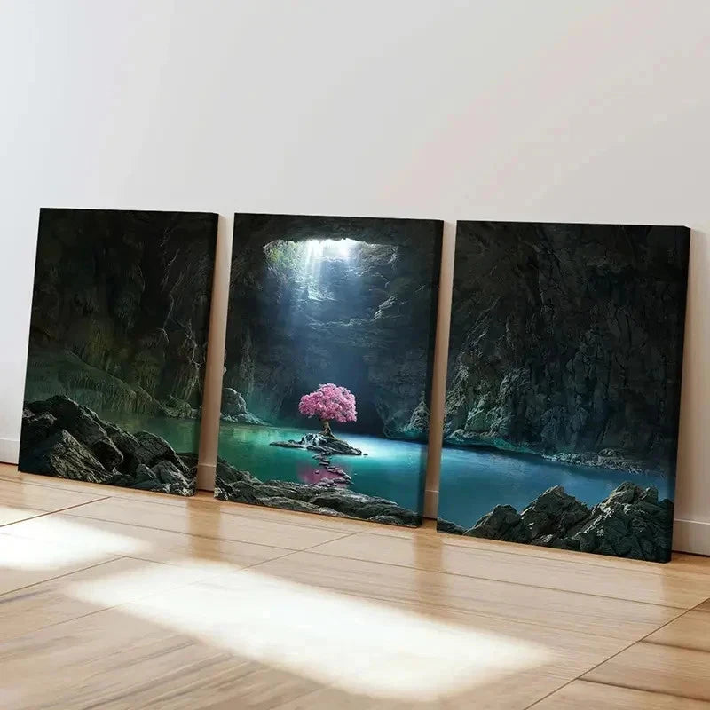 3pcs Mystical Cave with Glowing Tree & Lake Wall Art Set Canvas Framed 40x60cm - High Quality Print 100% Australian Made Wall Canvas Ready to Hang