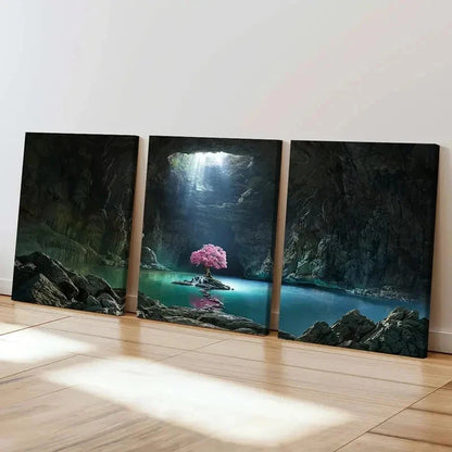 3pcs Mystical Cave with Glowing Tree & Lake Wall Art Set Canvas Framed 40x60cm - High Quality Print 100% Australian Made Wall Canvas Ready to Hang