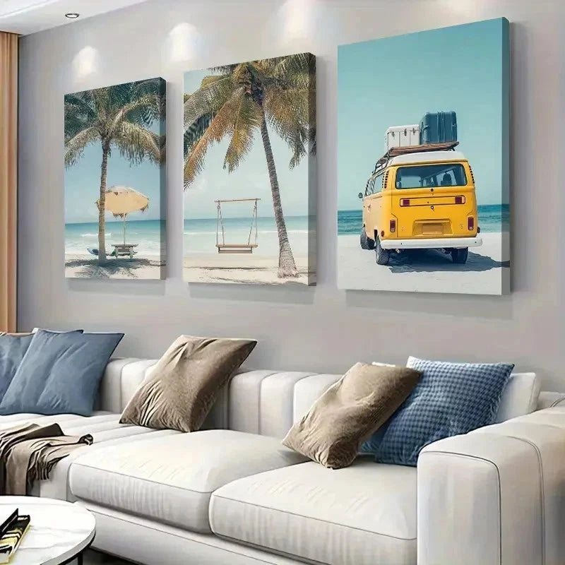 3pcs Tropical Palm Tree Ocean Wall Art Set Canvas Framed 40x60cm - High Quality Print 100% Australian Made Wall Canvas Ready to Hang