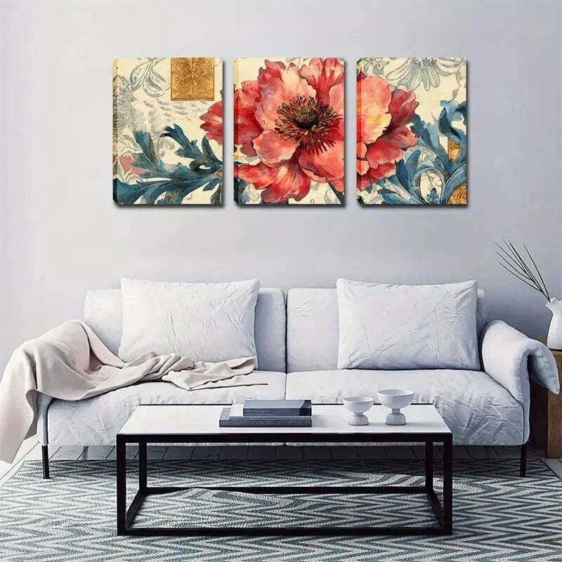 3pcs Vibrant Red Flowers & Green Leaves Perfect Wall Art Set Canvas Framed 40x60cm - High Quality Print 100% Australian Made Wall Canvas Ready to Hang