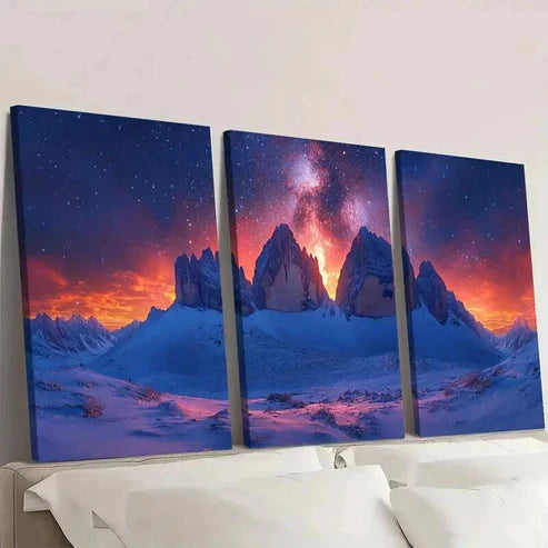 3pcs Starry Sky and Snow Capped Mountains Wall Art Canvas Unframed - High Quality Print 100% Australian Made Wall Canvas