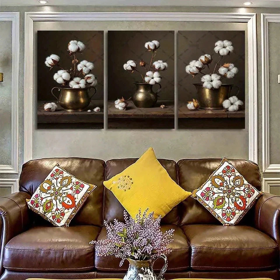 3pcs Golden Flower Vase White Florals Metal Print Ready to Hang Art