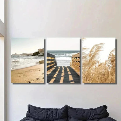 3pcs Beautiful Seaside Beach and Reeds Wall Art Set Canvas Framed 40x60cm - High Quality Print 100% Australian Made Wall Canvas Ready to Hang