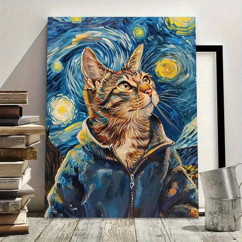 Van Gogh Starry Night Gentleman Cat Whimsical Funny 40x60cm Metal Print Ready to Hang