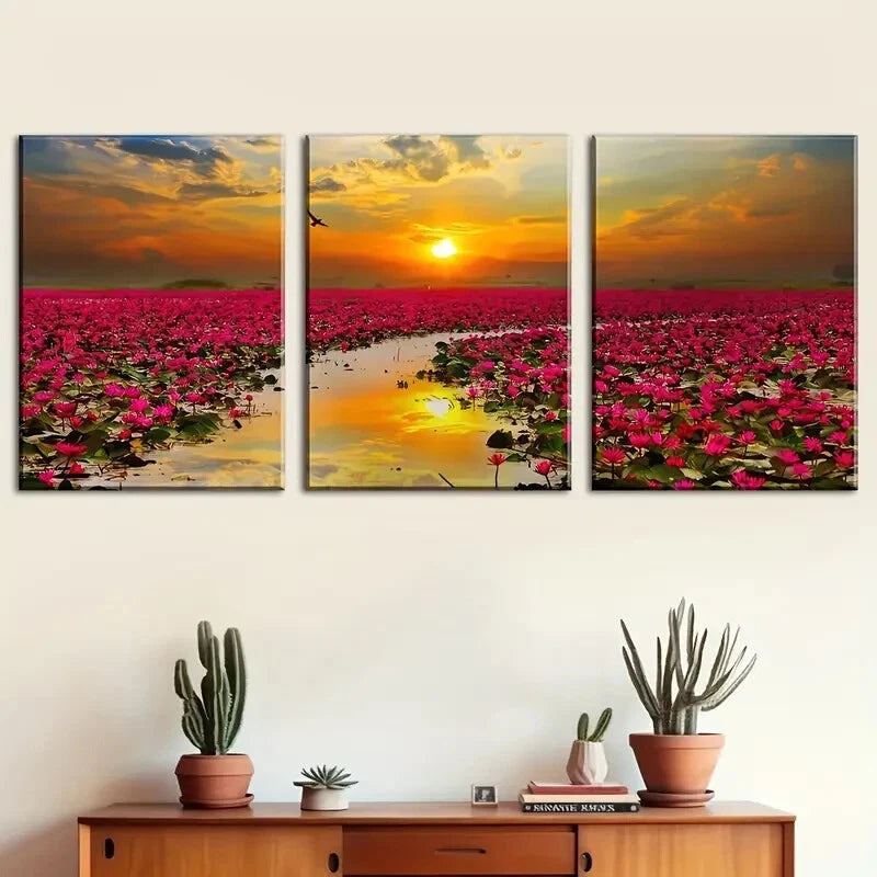 3pcs Sunrise Flowers And Oceans Décor Perfect Wall Art Set Canvas Framed 40x60cm - High Quality Print 100% Australian Made Wall Canvas Ready to Hang