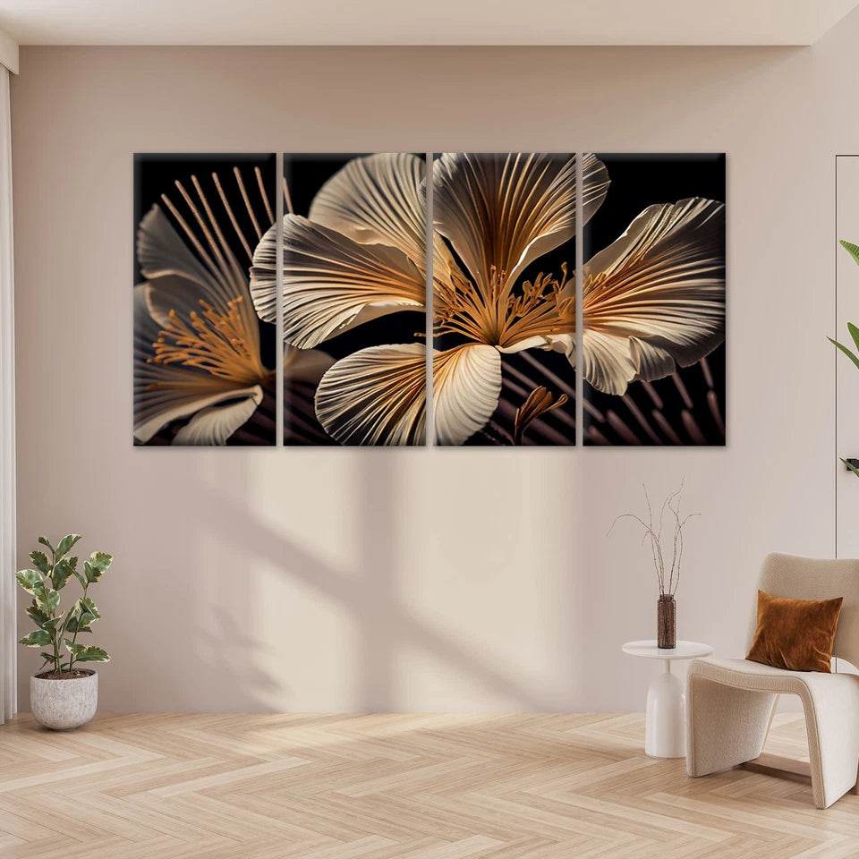 4pcs Elegant Gold and White Floral Wall Art Canvas Framed 45x80cm - High Quality Print 100% Australian Made Wall Canvas Ready to Hang