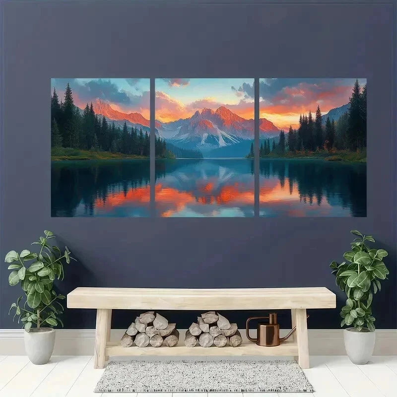 3pcs Sunset Mountain Landscape Lake Mountain Wall Art Set Canvas Framed 40x60cm - High Quality Print 100% Australian Made Wall Canvas Ready to Hang