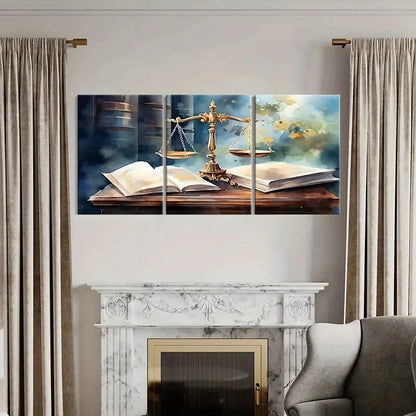 3pcs Golden Scales & Open Books Lawyers Office Wall Art Set Canvas Framed 40x60cm - High Quality Print 100% Australian Made Wall Canvas Ready to Hang