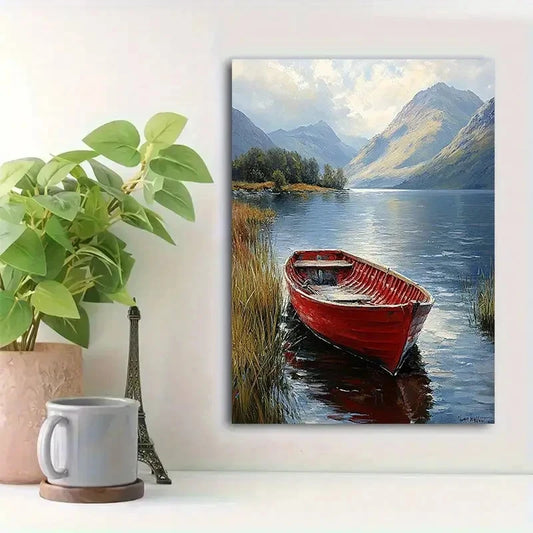 Beautiful Serene Lake & Red Boat Painting 40x60cm Metal Print Ready to Hang