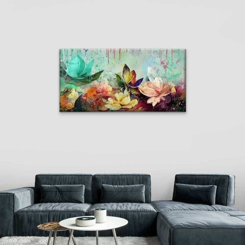 Vibrant Floral Teal Flowers Wall Art Canvas Office Home Room Framed 120x60cm