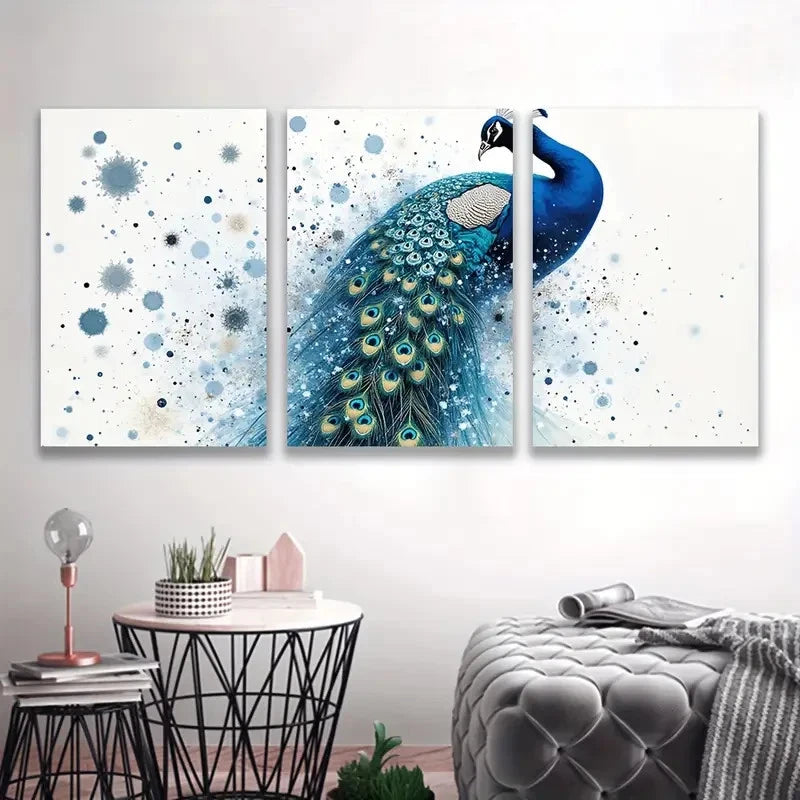 3pcs Peacock with Blue and White Feather Wall Art Set Canvas Framed 50x70cm - High Quality Print 100% Australian Made Wall Canvas Ready to Hang