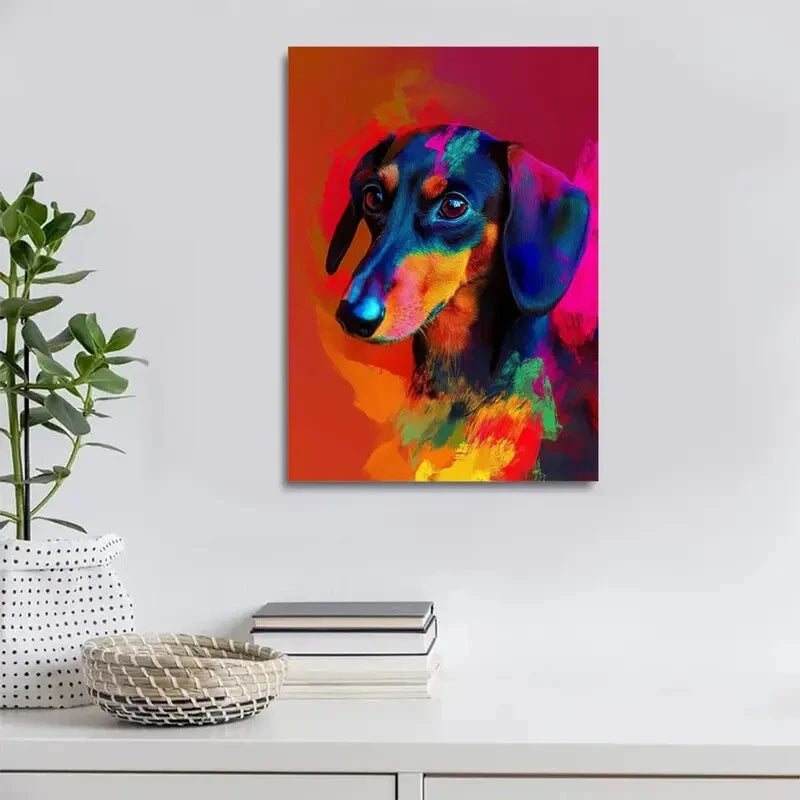 Beautiful Abstract Dachshund Dog Vibrant Painting 40x60cm Metal Print Ready to Hang