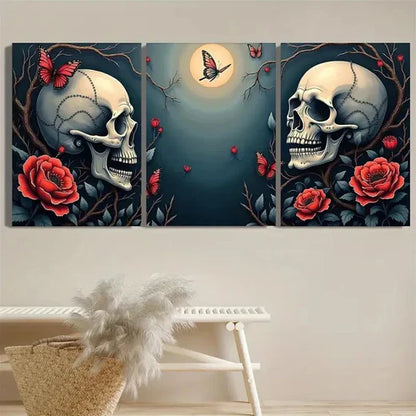 3pcs Gothic Skull and Floral Moonlight Wall Art Set Canvas Unframed - High Quality Print 100% Australian Made Wall Canvas
