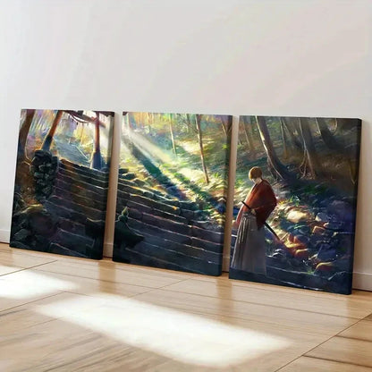 3pcs Japanese Classic Anime Swordsman Wall Art Set Canvas Framed 60x90cm - High Quality Print 100% Australian Made Wall Canvas Ready to Hang