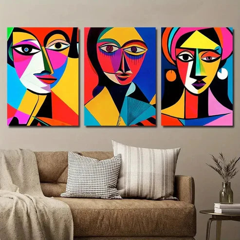 3pcs Vibrant Abstract Geometric Female Faces Wall Art Set Canvas Unframed - High Quality Print 100% Australian Made Wall Canvas