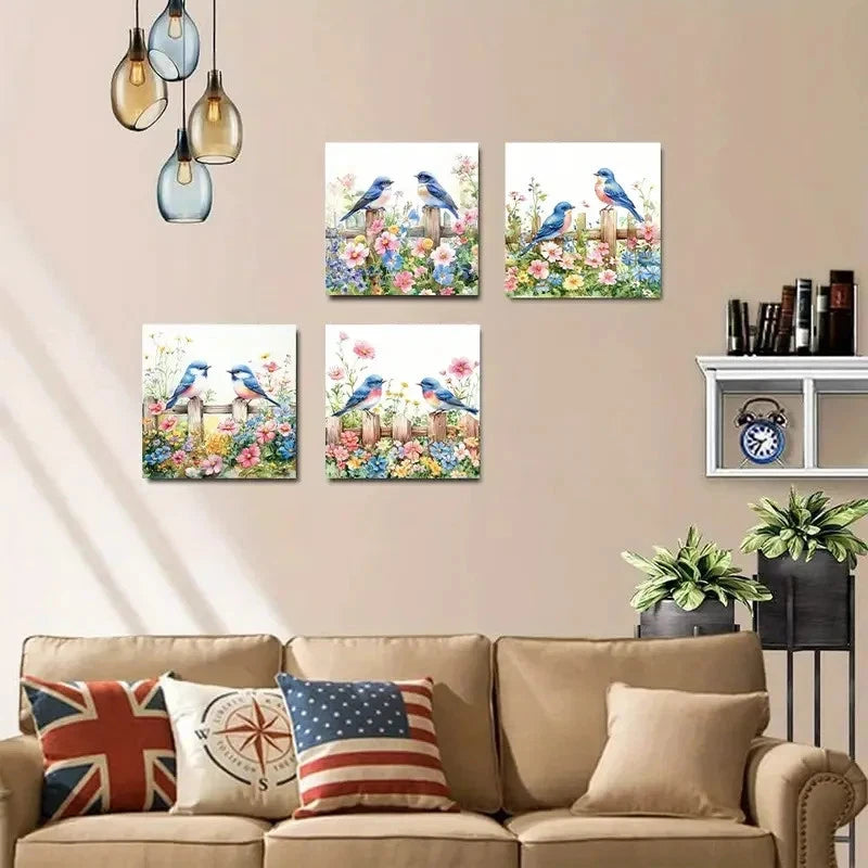 4pcs Blue BirdWall Art Canvas Framed