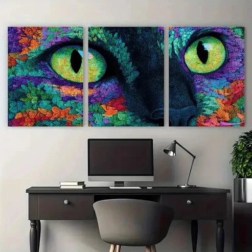 3pcs Abstract Black Cat Retro Continuous Wall Art Canvas Unframed - High Quality Print 100% Australian Made Wall Canvas
