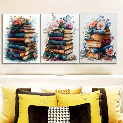 3pcs Featuring a Stack of Books Wall Art Set Canvas Unframed - High Quality Print 100% Australian Made Wall Canvas - Bella Home Decor
