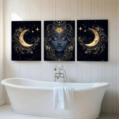 3pcs Mystical Moon Goddess Golden Lunar Perfect Wall Art Set Canvas Framed 50x70cm - High Quality Print 100% Australian Made Wall Canvas Ready to Hang
