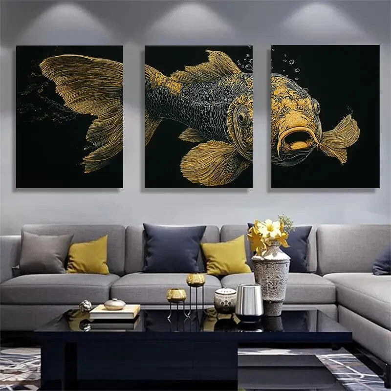 3pcs Golden Koi Fish Modern Asian Painting Metal Print Ready to Hang Art
