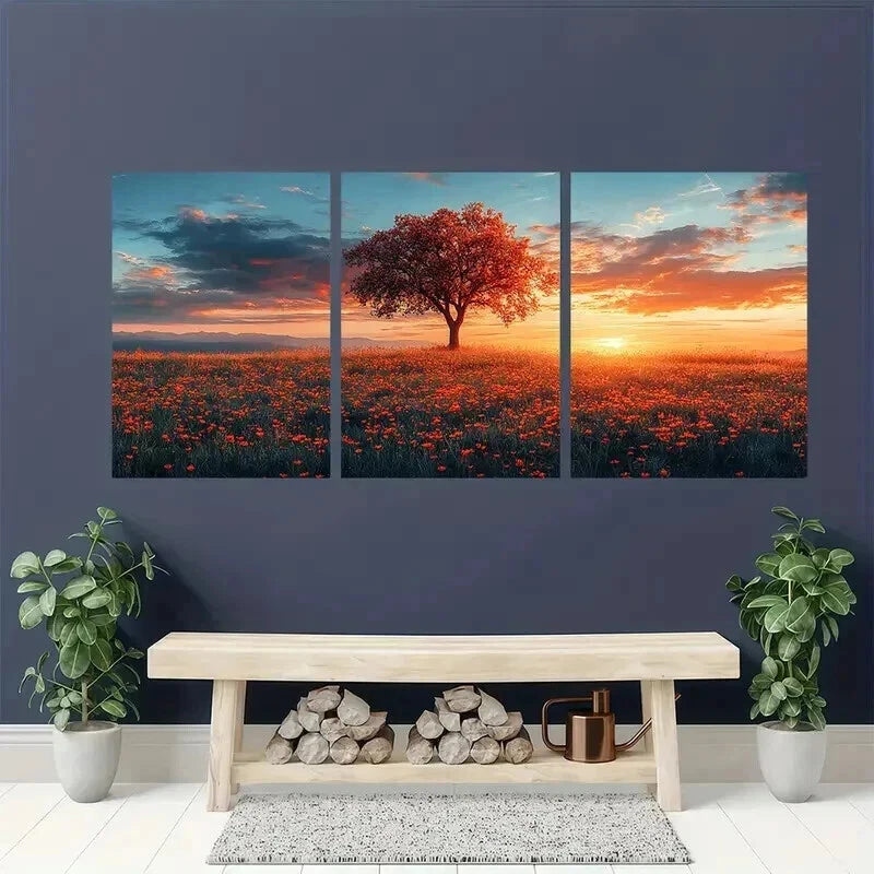 3pcs Home Relaxation Sunset Meadow Landscape Wall Art Set Canvas Framed 50x70cm - High Quality Print 100% Australian Made Wall Canvas Ready to Hang