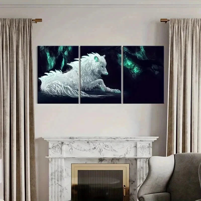 3pcs White Wolf Modern Fantasy Animal Wall Art Set Canvas Framed 40x60cm - High Quality Print 100% Australian Made Wall Canvas Ready to Hang
